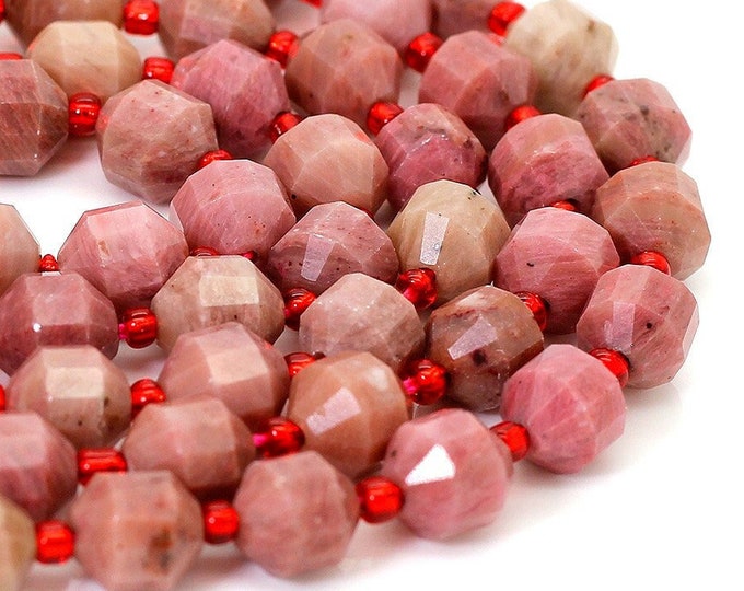 Natural Rhodonite Beads, AAA Rhodonite Octagon Faceted Round 7mm x 8mm Double Terminated Points Energy Prism Cut Gemstone Beads - PGS310