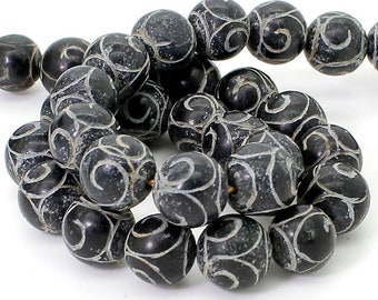 Black Agate Beads, Totem Patterned Round Sphere Ball Gemstonte Beads - RN122
