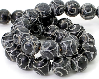 Black Agate Beads, Totem Patterned Round Sphere Ball Gemstonte Beads - RN122