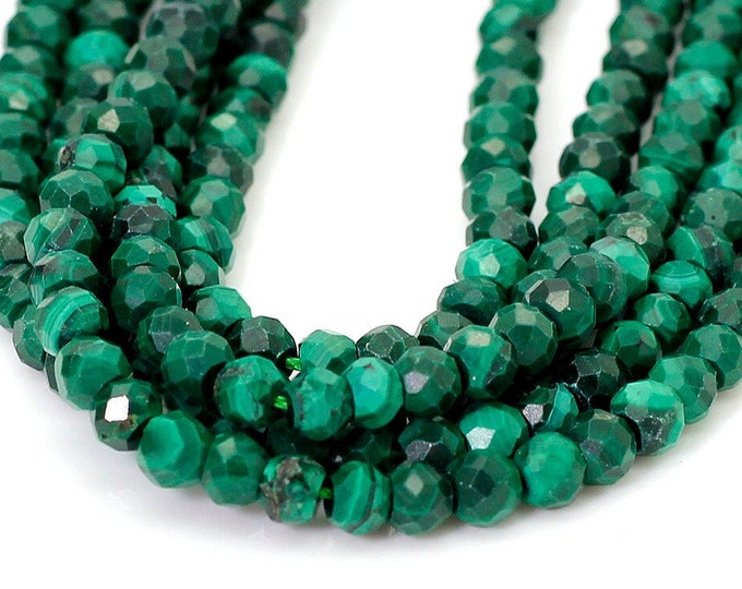 Natural Malachite, Greem Malachite Faceted Rondelle 3mm x 4mm Malachite Gemstone Beads - RDF74