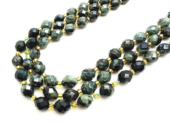 Natural Kambaba Jasper Faceted Oval Beads 6x8mm – Polished Green Black Gemstone Strand 14.5" – Jewelry Making Supplies - PGS323