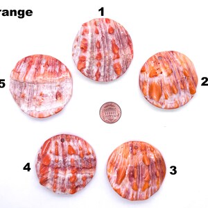 May include: Five orange and white shell pendants with a hole drilled at the top. The shells have a natural, textured appearance with orange and white patterns. The word "Orange" is printed at the top left.