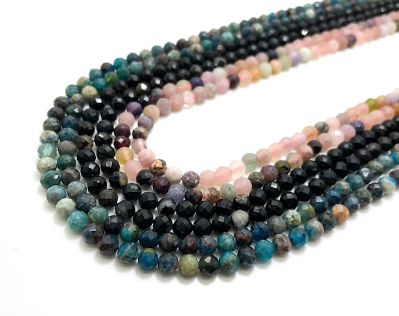 Natural (Apatite, Morganite, Black Agate) 5mm Faceted Round Gemstone Beads Stone Rock - RNF119