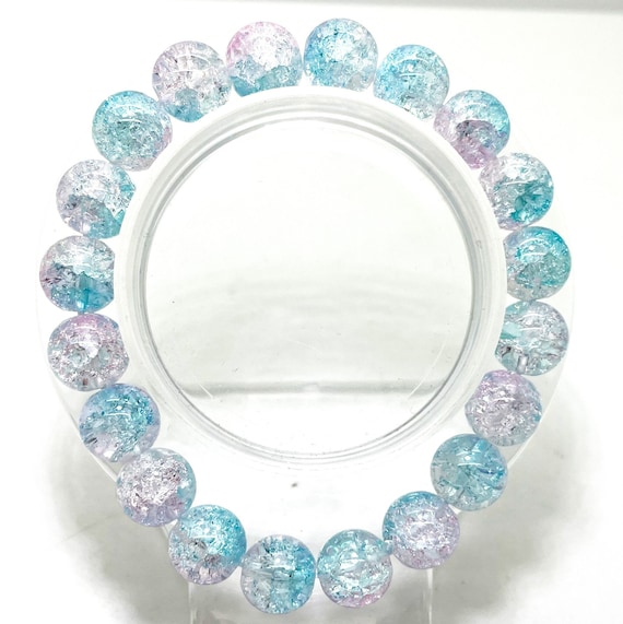 Crackle Quartz Handmade Cracked Crystal 10mm Polished Smooth Gemstone Bracelet (Light Blue Clear) - PGB238J