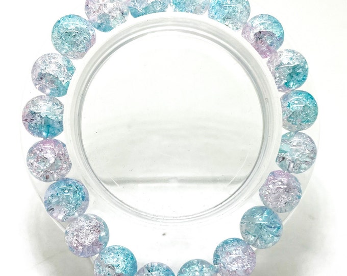 Crackle Quartz Handmade Cracked Crystal 10mm Polished Smooth Gemstone Bracelet (Light Blue Clear) - PGB238J