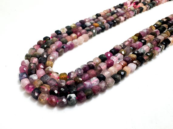 Natural Multicolor Tourmaline Cube Beads | 4mm | 15.5” Strand | Faceted Square Gemstone Beads for Jewelry Making, Healing & Design PGS262