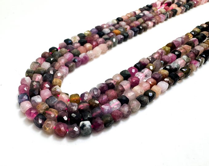 Natural Multicolor Tourmaline Cube Beads | 4mm | 15.5” Strand | Faceted Square Gemstone Beads for Jewelry Making, Healing & Design PGS262