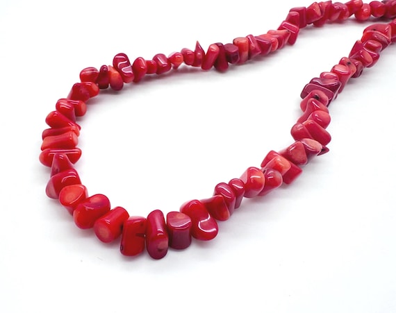 Natural Red  Sponge Coral Nugget Beads • Genuine 9mm Polished Stone Stick Chips Beads • Vibrant Crimson Sea Coral Strand