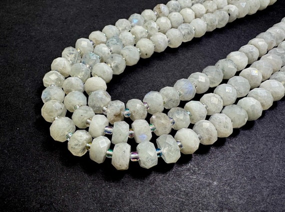 Natural White Rainbow Moonstone Faceted Rondelle 5mm x 8mm Gemstone Beads - PGS321
