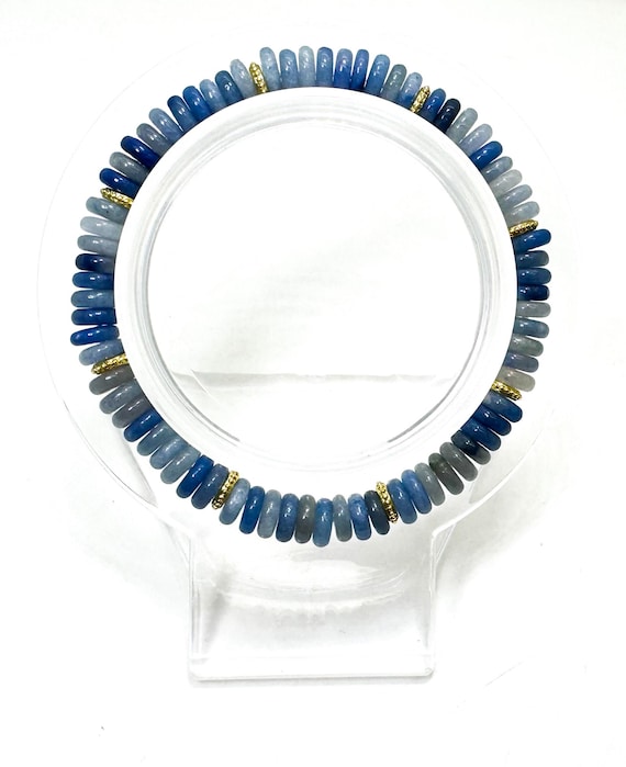 Handmade Blue Aventurine Rondelle Bracelet 6.5" – 6mm Gemstone Beads with Gold Spacers - PGB8R30
