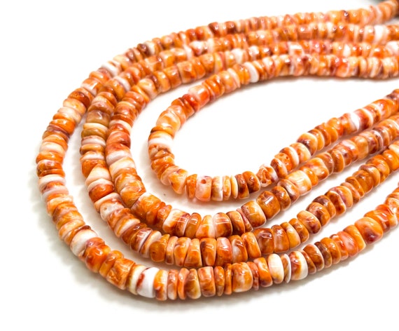 AAA Natural Orange Spiny Oyster Rondelle Disc Polished Heishi Beads 5mm Assorted Size - PG221B