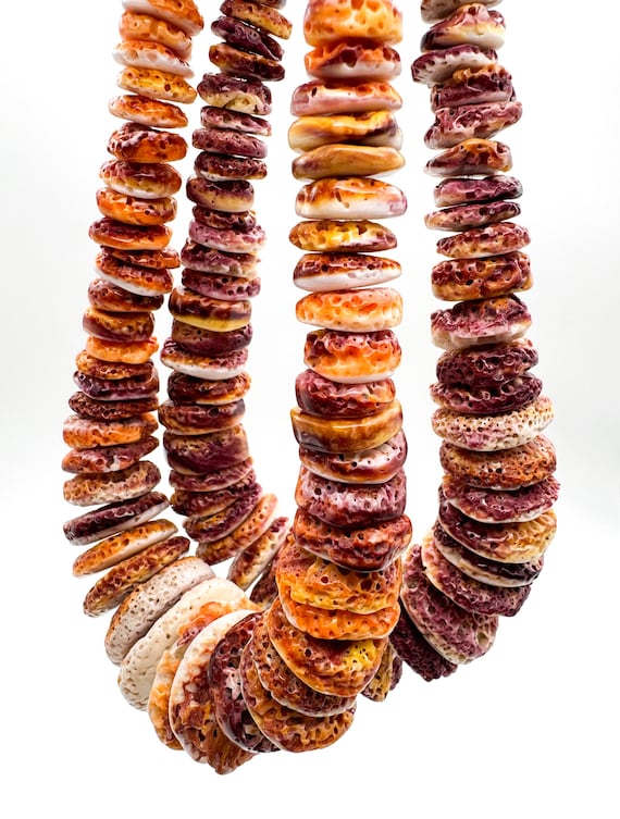 Natural Purple Orange Spiny Oyster Shell Beads: Large 8mm ~ 30mm Graduated Rondelle Heishi Disc, Untreated AAA One of A Kind Shell - SO37