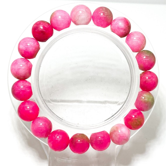 Bubblegum Pink Jade Smooth Round Gemstone Beaded 8mm 10mm Bead Stretch Elastic Handmade Bracelet - PGB188