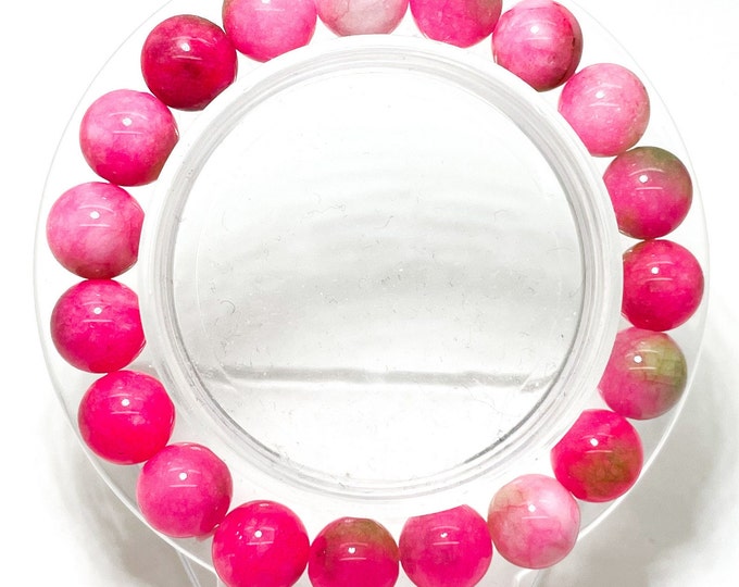 Bubblegum Pink Jade Smooth Round Gemstone Beaded 8mm 10mm Bead Stretch Elastic Handmade Bracelet - PGB188