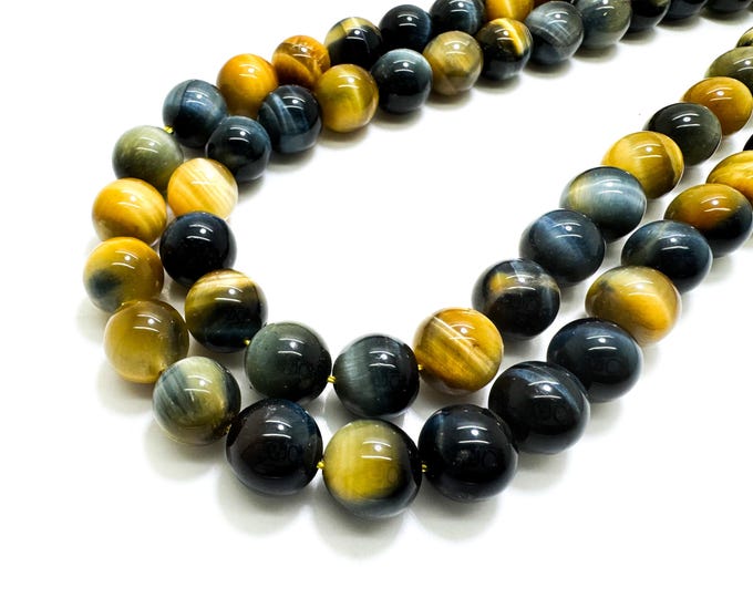 Natural Tiger's Eye, High Quality Blue Gold Golden Tiger's Eye Round Smooth Gemstone Beads (6mm, 8mm, 10mm) - RN12