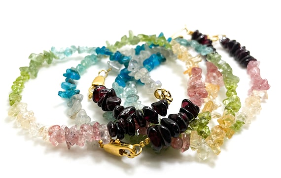 Natural Gemstone Chips 7" Beaded Bracelet with Silver Plated Clasp - Labradorite Apatite Aquamarine Citrine Garnet Peridot - PGB234