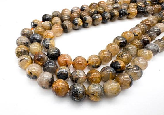 Natural Golden Rutilated Quartz Round Beads, Genuine Golden Rutile Quartz Smooth Spheres Crystal Clear Quartz Shimmer Gemstone RN214