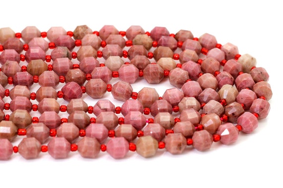 Natural AAA Pink Rhodonite Octagon Faceted Round 7mm x 8mm Double Terminated Points Energy Prism Cut Gemstone Beads - PGS310