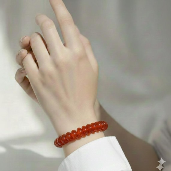 Orange Carnelian Agate Rondelle Beaded Bracelet - Handmade Elastic Cord