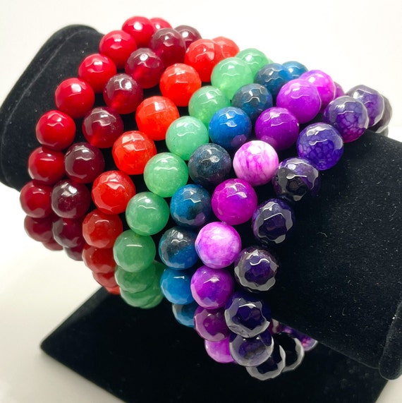 Agate Dyed Red Green Blue Orange Purple Faceted Round 10mm Gemstone Beads Stretch Elastic Cord Handmade Bracelet Accessories - PGB125