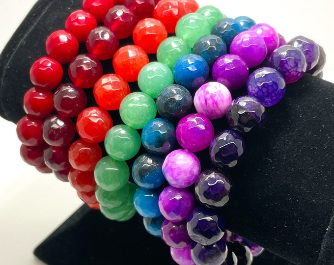 Agate Dyed Red Green Blue Orange Purple Faceted Round 10mm Gemstone Beads Stretch Elastic Cord Handmade Bracelet Accessories - PGB125