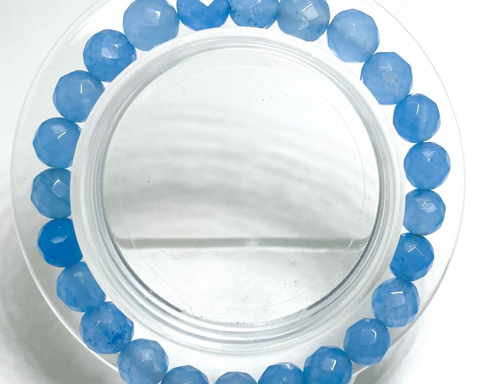 Aquamarine Blue Jade Gemstone Faceted Round Gemstone Beaded 8mm Bead Stretch Elastic Handmade Bracelet - PGB205