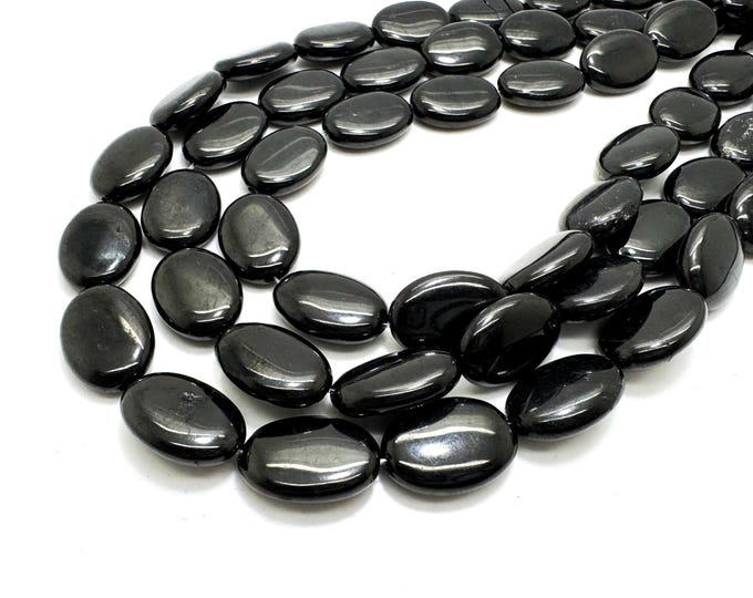 Natural Black Jet Beads – Smooth Flat Oval Shape | PG148 | Full Strand | Jewelry Making Supplies - PG148