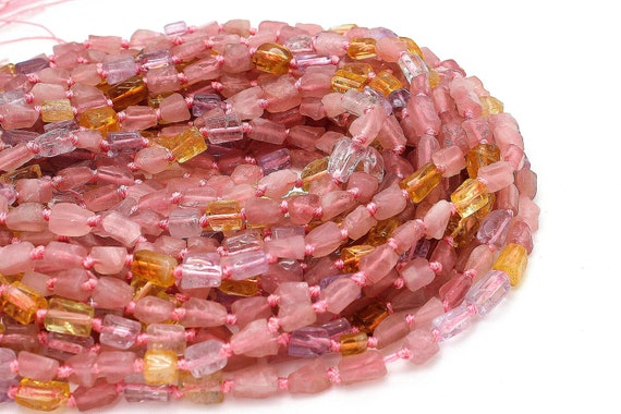 Natural Quartz, Pink Strawberry Yellow Clear Quartz Nugget Gemstone Beads - PGS224