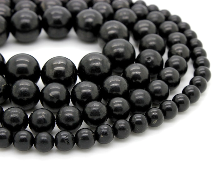 Natural Shungite Gemstone Beads, Smooth Polished Round Black Shungite Gemstone Beads - (6mm 8mm 10mm 12mm) - RN110