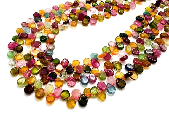 Natural Rainbow Tourmaline Beads: AAAA Grade Pear Teardrop Flat Gemstone - PGS50D
