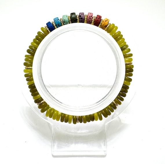 6.5" Green Jade & Chakra Lava Rock Bracelet – Handmade Elastic Cord, 6mm - PGB8R9