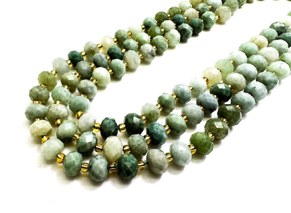 Natural Green Burma Jade Faceted Rondelle 5mm x 8mm Gemstone Beads - PGS321