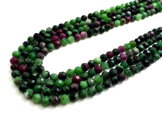 Natural Ruby Zoisite Beads, Genuine Red Ruby Green Zoisite Faceted Sphere Ball Round 4mm Gemstone Beads - RNF86