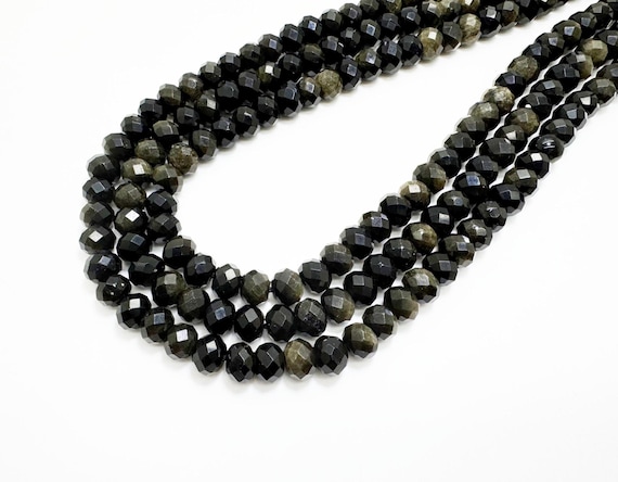 Golden Obsidian Faceted Rondelle Beads 6x8mm | Natural Black Gold Sheen Gemstone Beads | 14.5” Strand | Jewelry Making Supplies - RDF04