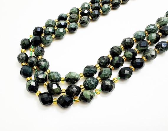 Natural Kambaba Jasper Faceted Oval Beads 6x8mm – Polished Green Black Gemstone Strand 14.5" – Jewelry Making Supplies - PGS323
