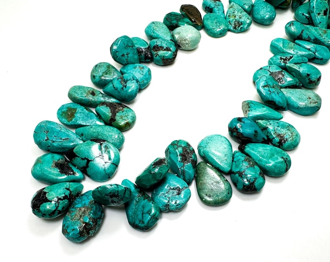 Natural Genuine Blue Turquoise Teardrop Pear Flat Polished Smooth Gemstone Beads - PGS363 - 15.5" Strand