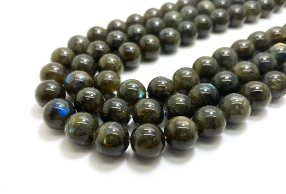 Dark Gray Labradorite, Natural Blue Flash Labradorite Polished Smooth Round Gemstone Bead - RN121