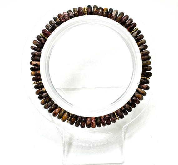 Leopard Skin Jasper Bracelet: Handmade Gemstone Rondelle Beads, Gold Accents