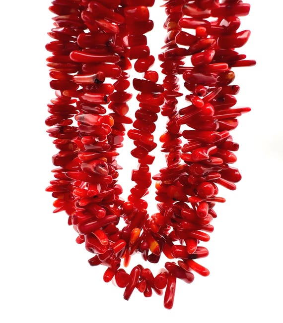 Natural Red  Sponge Coral Nugget Beads • Genuine 9mm - 15mm Polished Stone Stick Chips Beads • Vibrant Crimson Sea Coral Strand - RC9