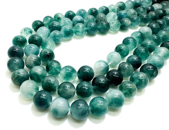 White Cloudy Green Jade Smooth Polished Round 10mm Gemstone Jewelry Making Beads - RN197N