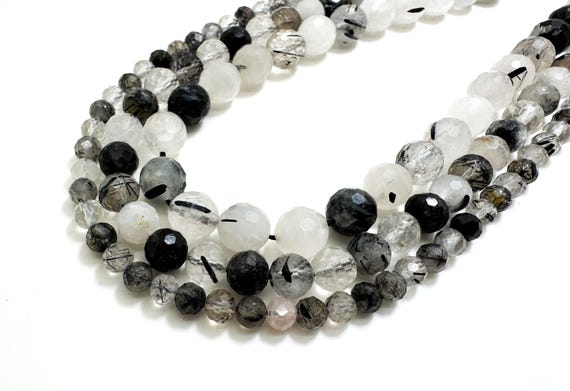 Natural Black Rutilated Quartz Faceted Round Ball Sphere 5mm 7mm 9mm Gemstone Beads - RNF96