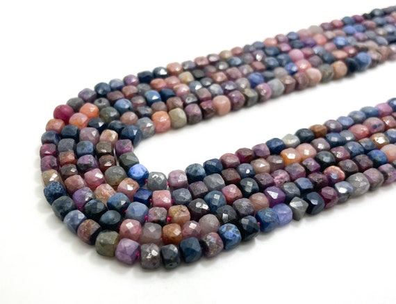 Natural Sapphire Ruby Beads: Faceted Square Cube Gemstone (4mm) - PGS262