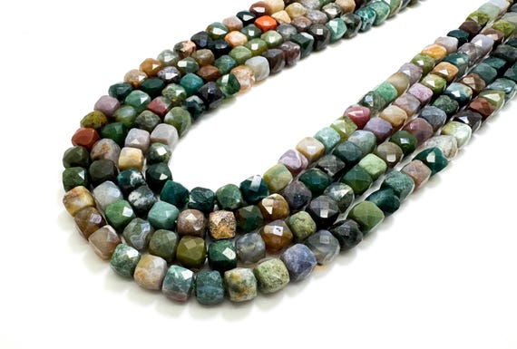 Natural Green Indian Agate Faceted Square Cube 7mm Gemstone Beads - PGS121