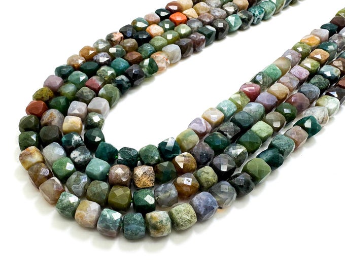 Natural Green Indian Agate Faceted Square Cube 7mm Gemstone Beads - PGS121