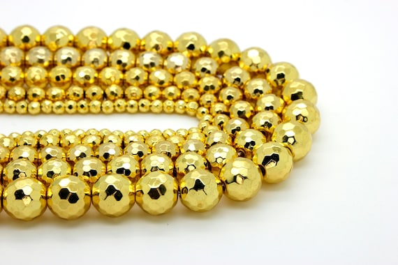 Hematite, Gold Hematite Faceted Round Ball Sphere Loose Gemstone Beads - (6mm, 8mm, 10mm, 12mm) - RNF56
