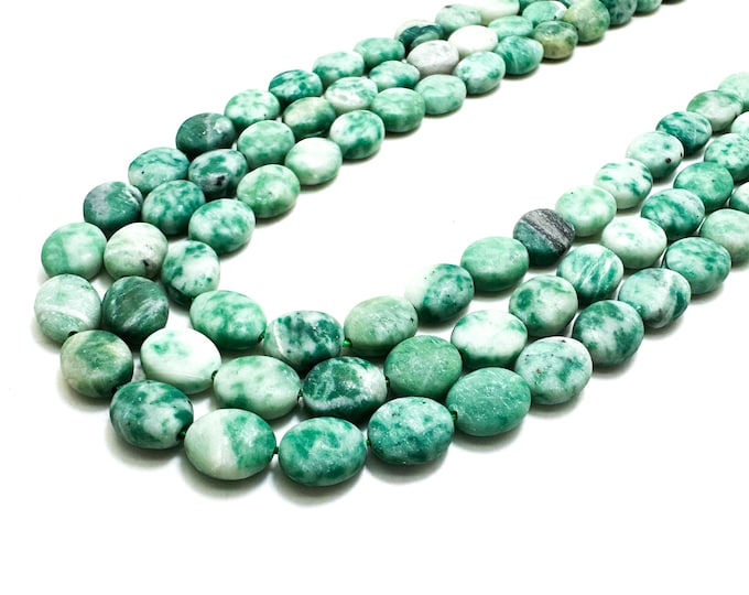 Mountain Jade Beads, Natural Matte Green New Mountain Jade Green Flat Oval Gemstone Beads - PG112