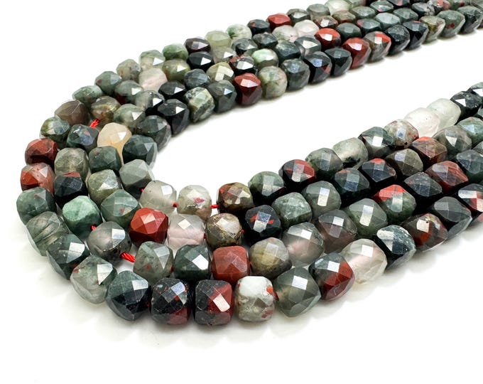 Natural African Bloodstone Faceted Square Cube 7mm Gemstone Beads - PGS121