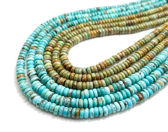 Natural Genuine Turquoise, Arizona Kingman Turquoise Polished Smooth Rondelle Gemstone Beads - PGS376 - 16" Strand