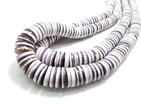 Graduated Wampum Shell Heishi Beads | Purple White Disc Shell 8mm - 14mm | Natural Smooth Rondelle Beads for Jewelry Making - PG267