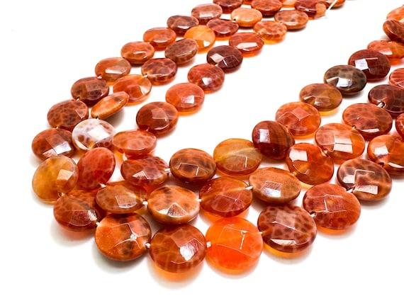 Fire Agate Beads, Orange Fire Agate Flat Faceted Round Circle Coin 12mm Gemstone Beads - PG182